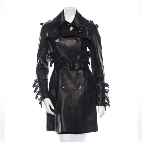 Burberry soft black leather motorcycle trench coat with strap buckles size small - Picture 5 of 6